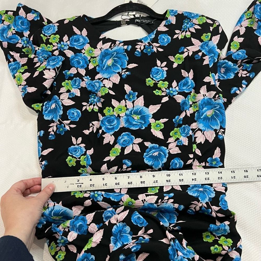 Zara Black Blue Floral Open Back Long Sleeve Dress Womens XL NWT - Picture 10 of 13